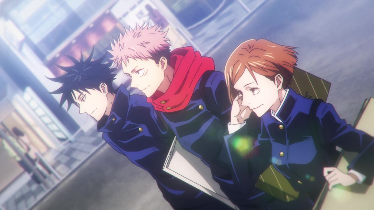 A black-haired anime boy, a pink-haired anime boy, and a brown short-haired anime girl walk beside one another on an open street.