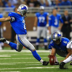 Aug 9, 2013; Detroit, MI, USA; Detroit Lions kicker David Akers (2) kicks a field goal in the first quarter of a preseason game against the New York Jets at Ford Field.