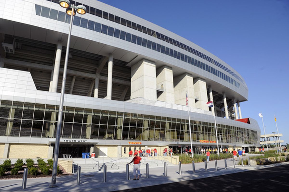 KANSAS CITY MO - AUGUST 27: A general exterior view of renovated Arrowhead Stadium prior to a preseason game between the Kansas City Chiefs and Philadelphia Eagles on August 27 2010 in Kansas City Missouri.  (Photo by G. Newman Lowrance/Getty Images)