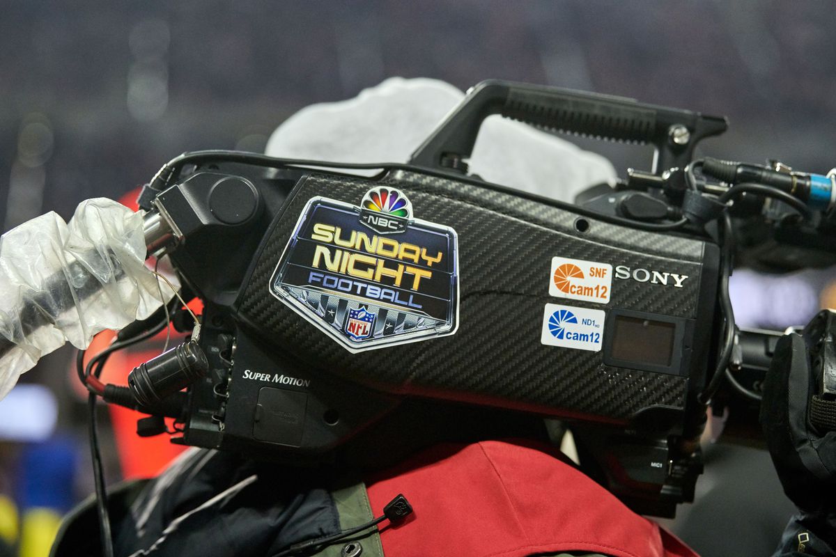 A detailed view of a NBC Sunday Night Football NFL logo sticker is seen on a field camera in action during a NFL game between the Chicago Bears and the Minnesota Vikings on November 18, 2018 at Soldier Field, in Chicago, Illinois.
