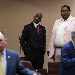 Ald. David Moore (17th) chats with Ald. Jason Ervin (28th) before the start of a Chicago City Council meeting at City Hall, Wednesday morning, June 23, 2021.
