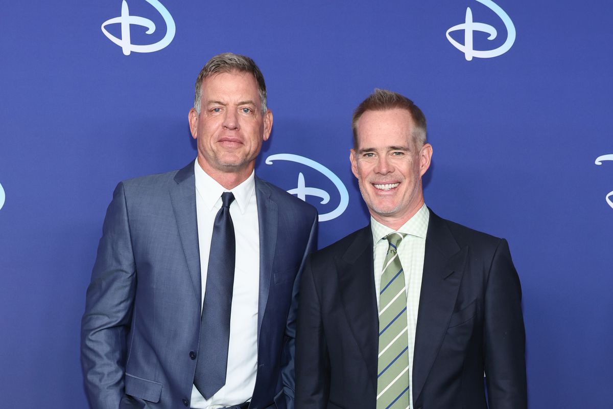Troy Aikman and Joe Buck attend the 2022 ABC Disney Upfront at Basketball City - Pier 36 - South Street on May 17, 2022 in New York City.