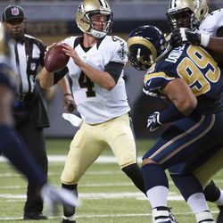 Aug 8, 2014; St. Louis, MO, USA; New Orleans Saints quarterback Ryan Griffin (4) looks to pass against the St. Louis Rams at Edward Jones Dome. Mandatory Credit: Scott Rovak-USA TODAY Sports