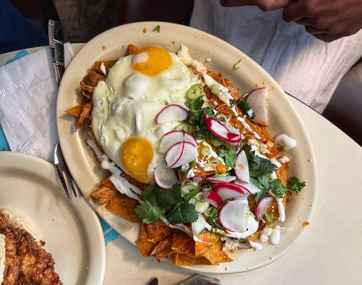 An overhead photograph of a plate of chilaquiles overflowing with radish, cilantro, egg, and salsa.