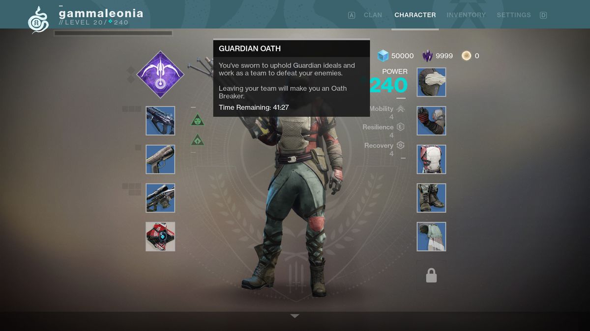Destiny 2 - character screen showing Nightstalker Hunter at 240 power with active Guardian Oath buff