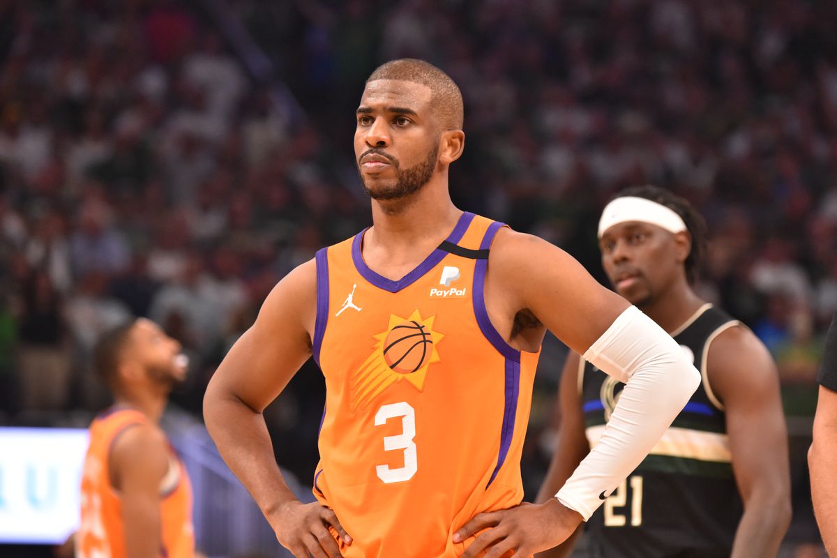 &nbsp;Chris Paul #3 of the Phoenix Suns looks on during Game Six of the 2021 NBA Finals on July 20, 2021 at Fiserv Forum in Milwaukee, Wisconsin. NOTE TO USER: User expressly acknowledges and agrees t