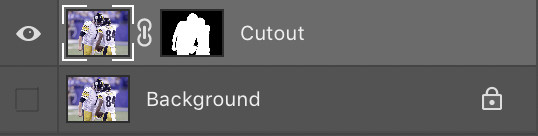 The layer of “Cutouts“ is being selected while the layer “Background“ is being turned off in PhotoShop.