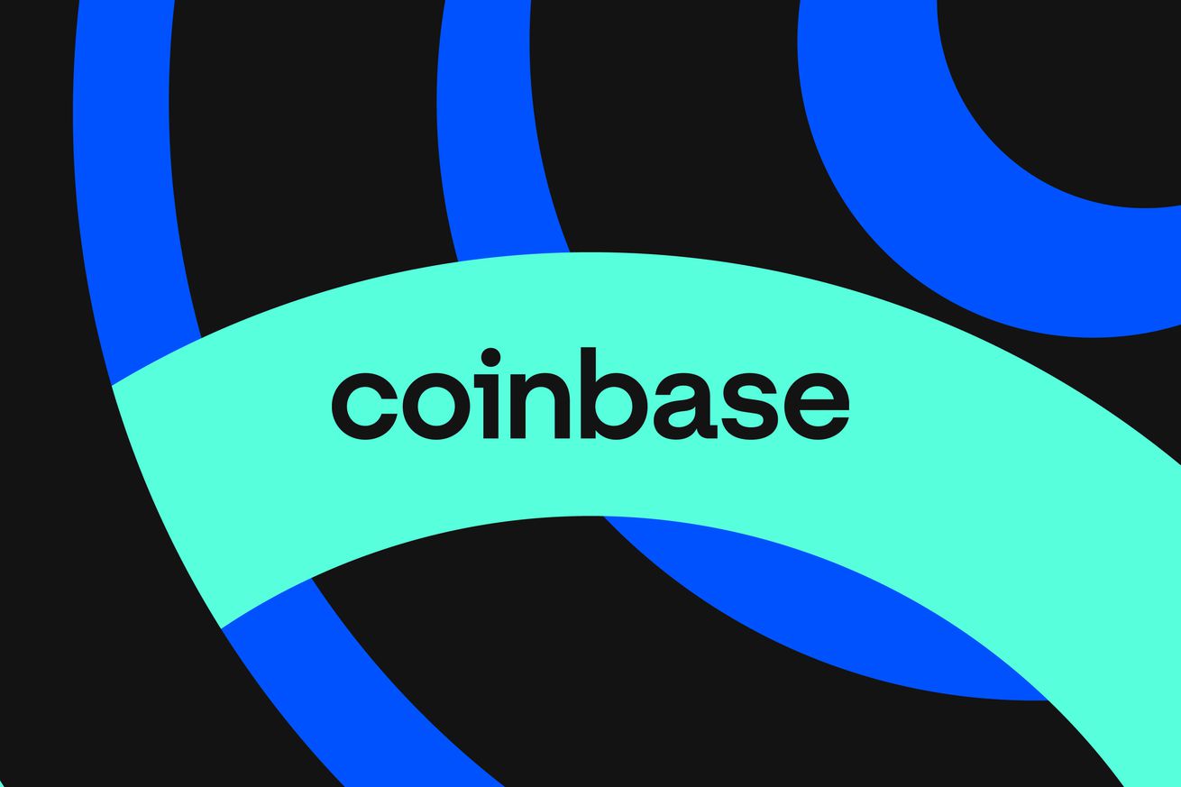 Illustration of the Coinbase wordmark on a teal, blue, and black background with circular patterns.