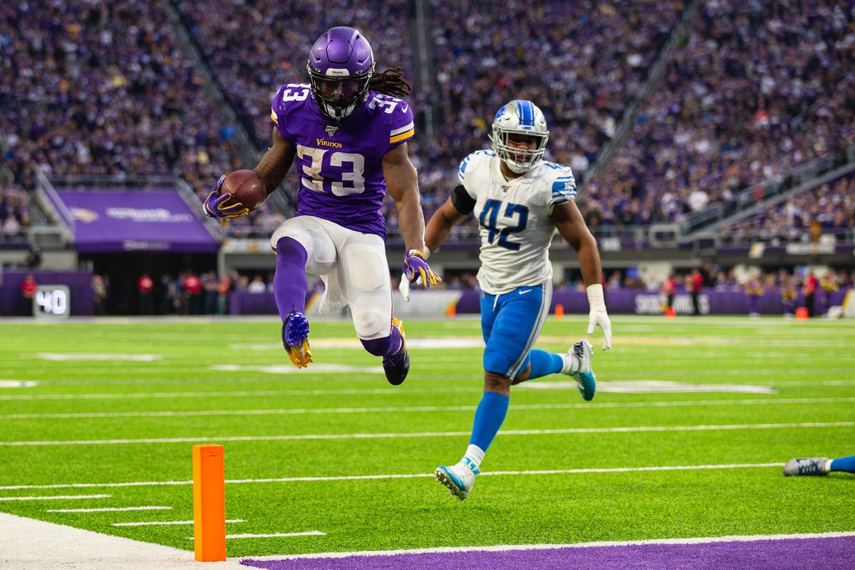 Minnesota Vikings running back Dalvin Cook scores a touchdown during the second quarter against the Detroit Lions at U.S. Bank Stadium.