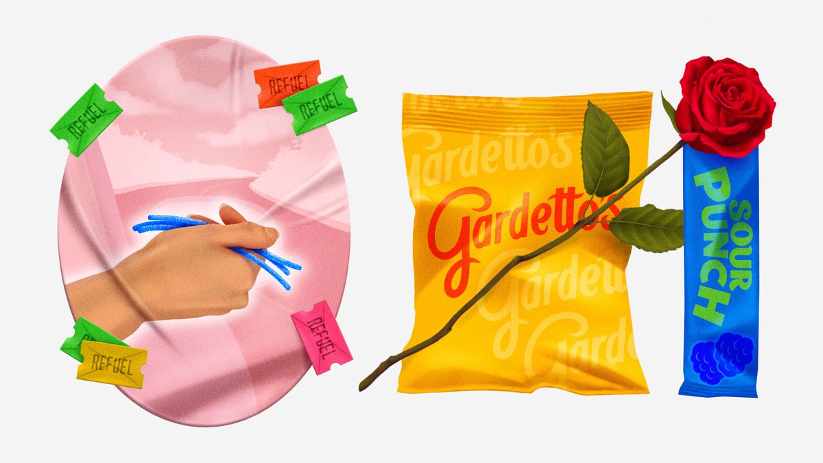 Illustration of a bag of Gardetto’s next to a hand holding two Sour Punch Straws.