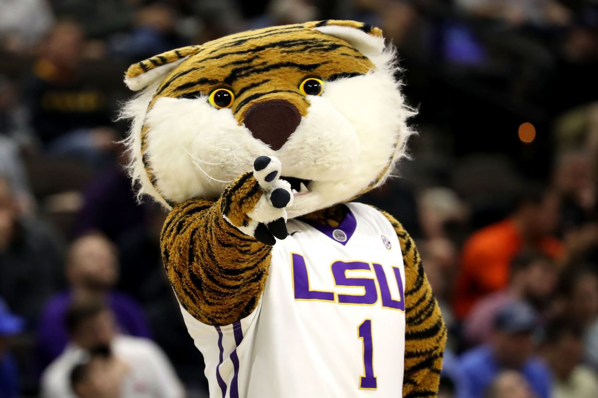 LSU Tigers mascot pointing at camera in front of basketball crowd