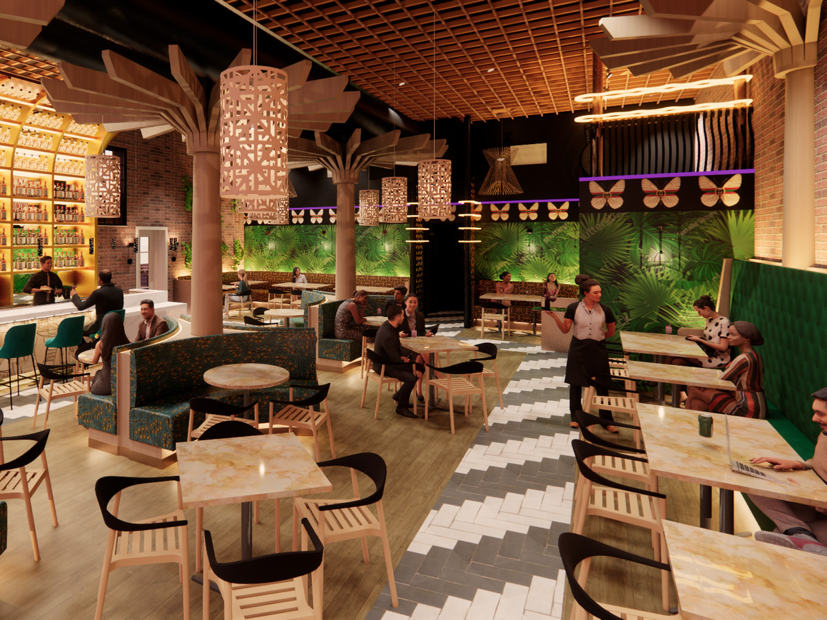 Rendering of a tropical bar.