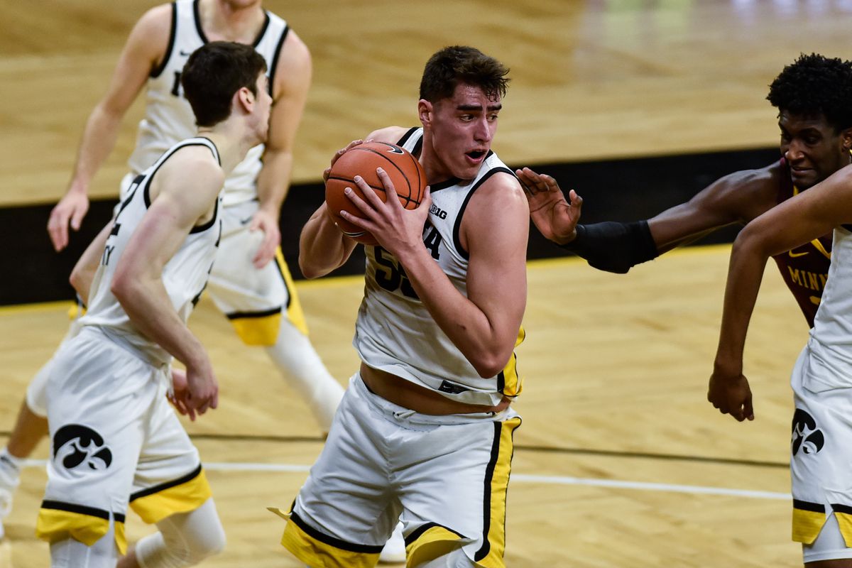 Iowa Hawkeyes center Luka Garza grabs a rebound against the Minnesota Golden Gophers during the first half at Carver-Hawkeye Arena.&nbsp;