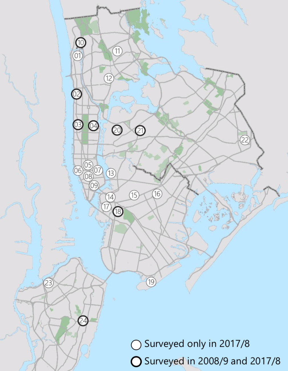 A map of New York City with numbered circles highlighting the neighborhoods studied by the city.