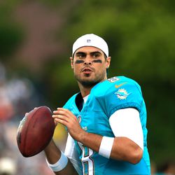 Aug 4, 2013; Canton, OH, USA; Miami Dolphins quarterback Matt Moore (8) during the 2013 Pro Football Hall of Fame game at Fawcett Stadium.