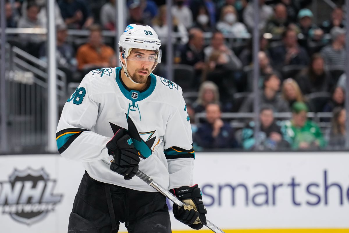 Mario Ferraro #38 of the San Jose Sharks looks on during the second period of a game against the Seattle Kraken at Climate Pledge Arena on April 29, 2022 in Seattle, Washington.