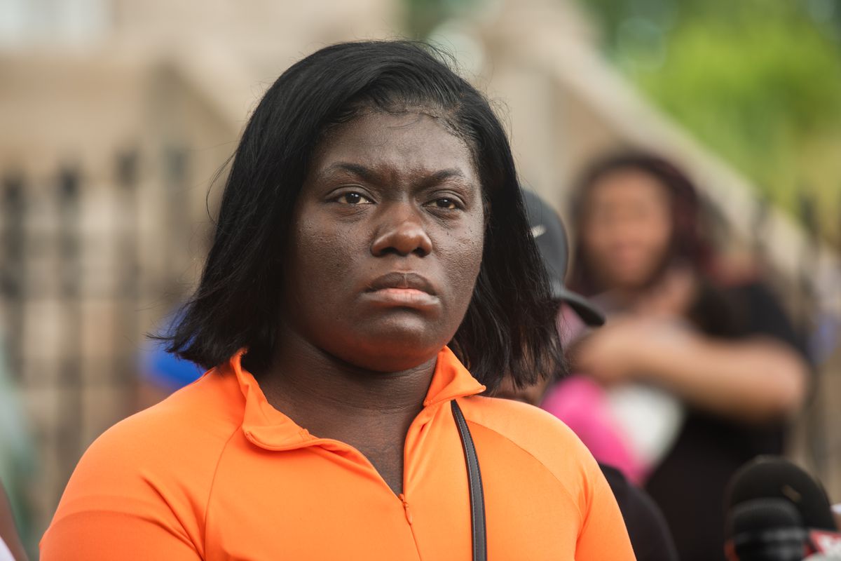 Christal Allen, the aunt of Mekhi James, speaks at a press conference on June 24, 2020 outside of the James’ residence in Austin. Mekhi James, who was three years old, was shot while his father was driving him home on Father’s Day Weekend.