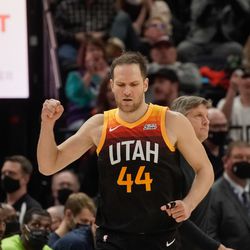 Utah Jazz forward Bojan Bogdanovic reacts after a 3-pointer against the Minnesota Timberwolves during an NBA game at Vivint Arena in Salt Lake City on Friday, Dec. 31, 2021.