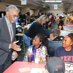U.S. Rep. Bobby Rush (D-Ill.) met on Friday with Mya Middleton, 16, (left) and Kyra McGee, 17, from Chicago’s After School Matters program. They and thousands of other teens are in Washington, D.C. for the March For Our Lives there Saturday. Rush chatted with them Friday at a poster-making party at the Shake Shack at Washington’s Union Station. | Provided