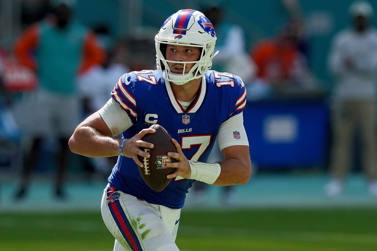 MIAMI GARDENS, FLORIDA - SEPTEMBER 25: Quarterback Josh Allen #17 of the Buffalo Bills passes the ball during the game against the Miami Dolphins at Hard Rock Stadium on September 25, 2022 in Miami Gardens, Florida.