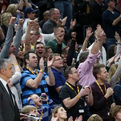 Utah Jazz fans cheer after a basket by Utah Jazz guard Donovan Mitchell (45) during the game against the Cleveland Cavaliers at Vivint Arena in Salt Lake City on Saturday, Dec. 30, 2017.