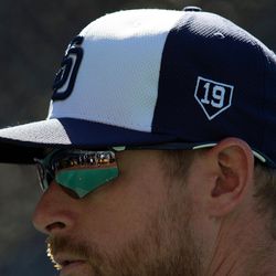Padres also sported these batting practice hats during last night's game with the 19 home plate logo.