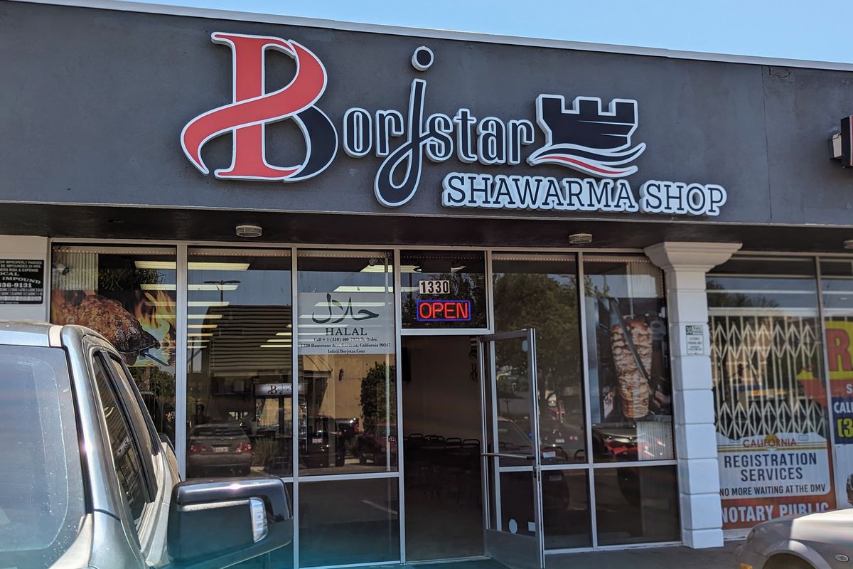 A strip mall storefront of a shawarma restaurant Borjstar Shawarma Shop in Los Angeles.