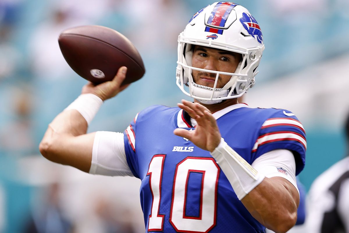 Quarterback Mitchell Trubisky #10 of the Buffalo Bills warms up before the game against the Miami Dolphins in the game at Hard Rock Stadium on September 19, 2021 in Miami Gardens, Florida.