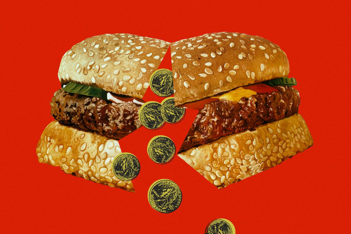 Photo collage of a fast food hamburger cracked open like an egg and spilling out coins.