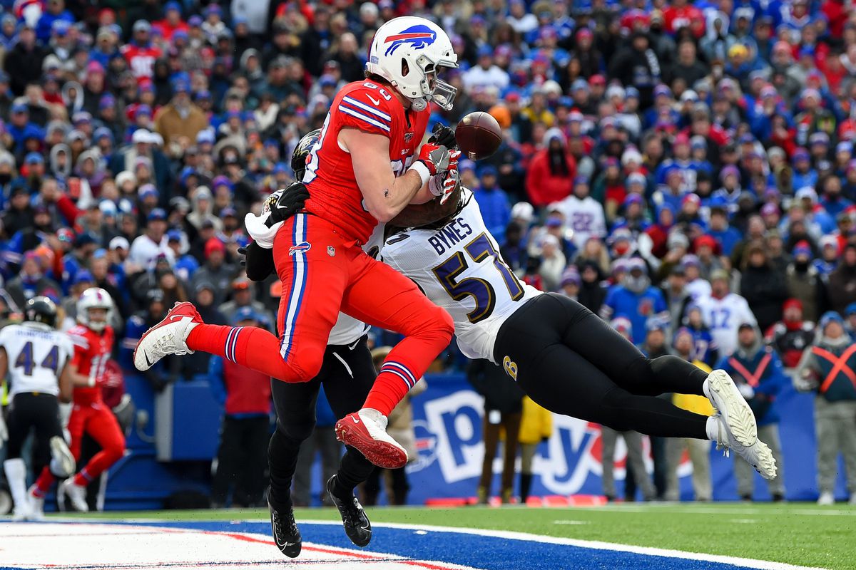 Baltimore Ravens middle linebacker Josh Bynes breaks up a pass intended for Buffalo Bills tight end Dawson Knox during the fourth quarter at New Era Field.