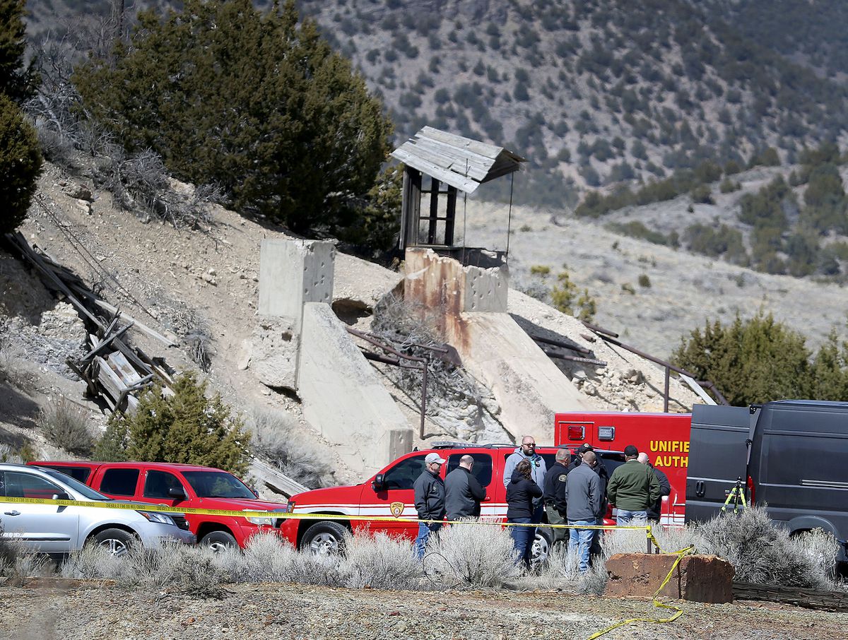 Law enforcement officials investigate near where two bodies were recovered 100 feet down an abandoned mine shaft outside Eureka on Wednesday, March 28, 2018. The two bodies, believed to be Riley Powell, 18, and Brelynne “Breezy” Otteson, 17, were pulled out of the Tintic Standard Mine.