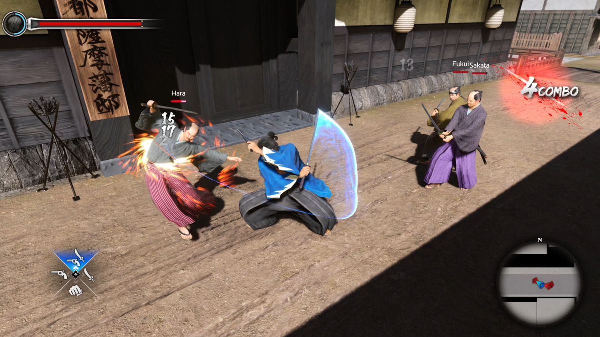 Ryoma Sakamoto slashes a street thug named Hara with his katana, while holding a pistol in the other, on the streets of Kyo in Like A Dragon: Ishin!
