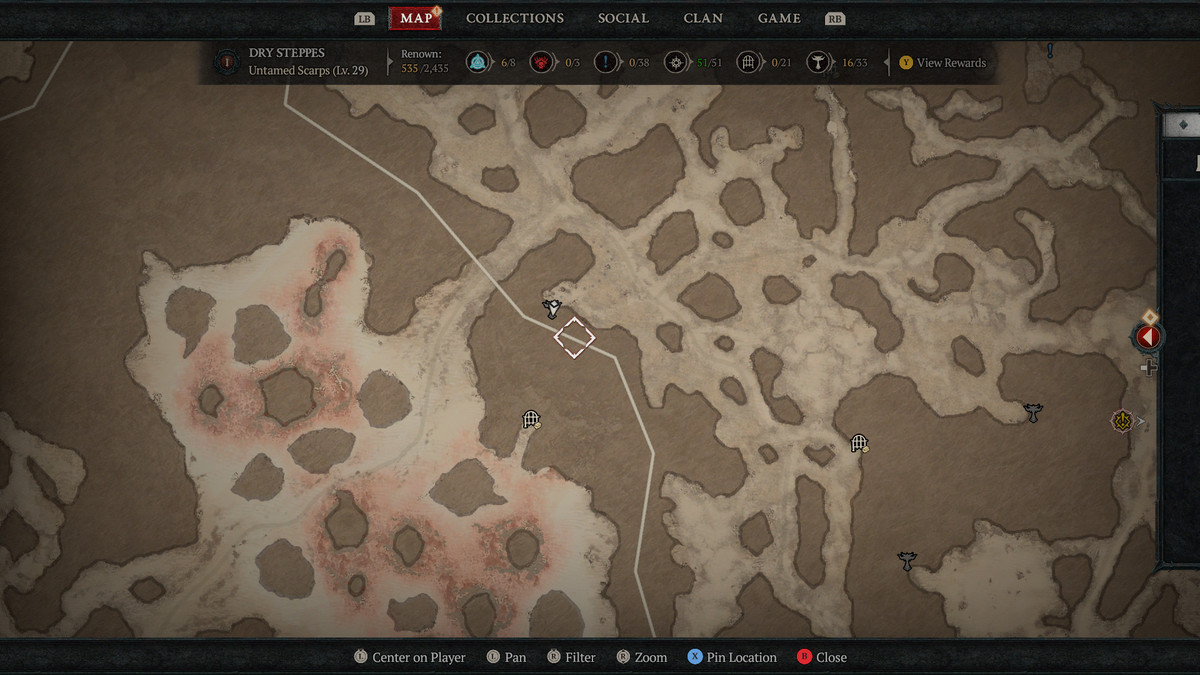 A map of the Dry Steppes in Sanctuary showing the 16th Altar of Lilith in Diablo 4