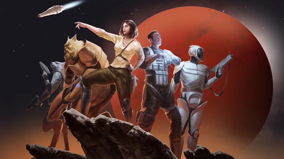 Cover art from the Traveller Core Rulebook 2022 update. It includes a woman, arm raised and pointing to the horizon, and what appears to be the rest of her crew — a man in military rigging, a robot with an SMG, and two aliens with dog-like features. They stand on a barren moon, before a red planet.