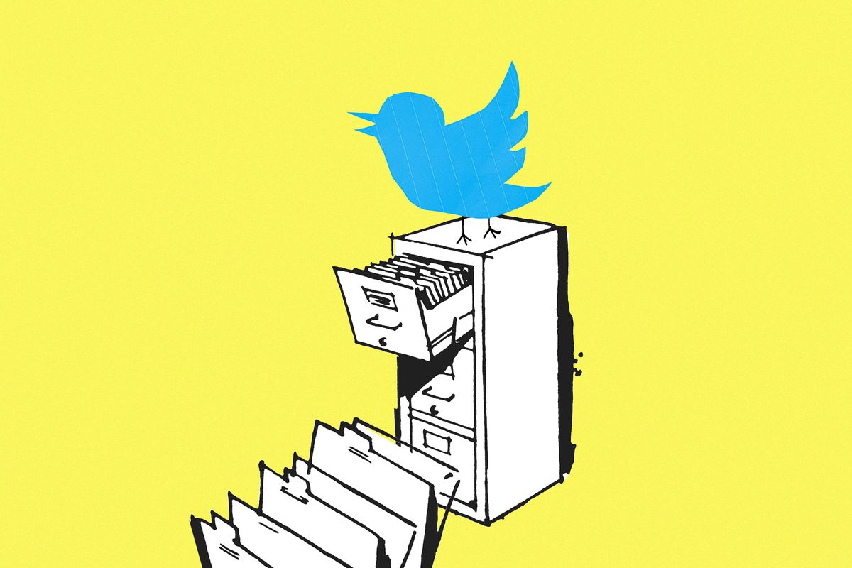 Drawing of a filing cabinet overflowing with papers and a Twitter bird logo perched on top.