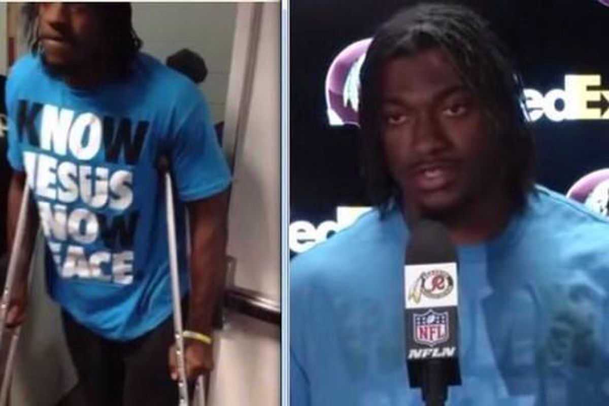 RG3 is told he can't wear a Jesus shirt at a press conference.