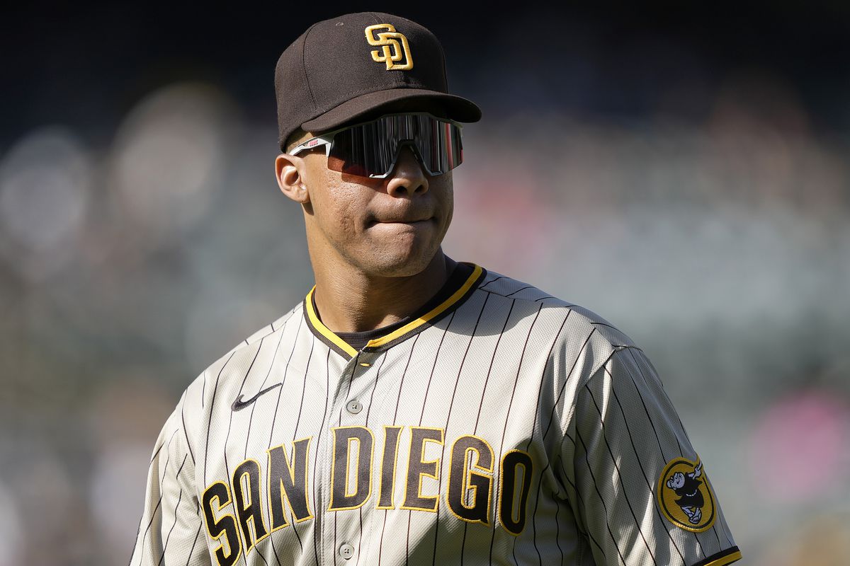 Juan Soto of the San Diego Padres looks on coming off the field at the end of the seventh inning against the Oakland Athletics at RingCentral Coliseum on September 16, 2023 in Oakland, California.