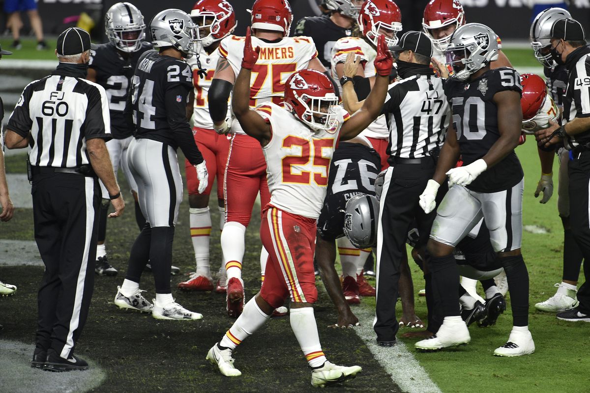 Running back Clyde Edwards-Helaire #25 of the Kansas City Chiefs celebrates a 3-yard touchdown run against the Las Vegas Raiders in the first half of their game at Allegiant Stadium on November 22, 2020 in Las Vegas, Nevada.
