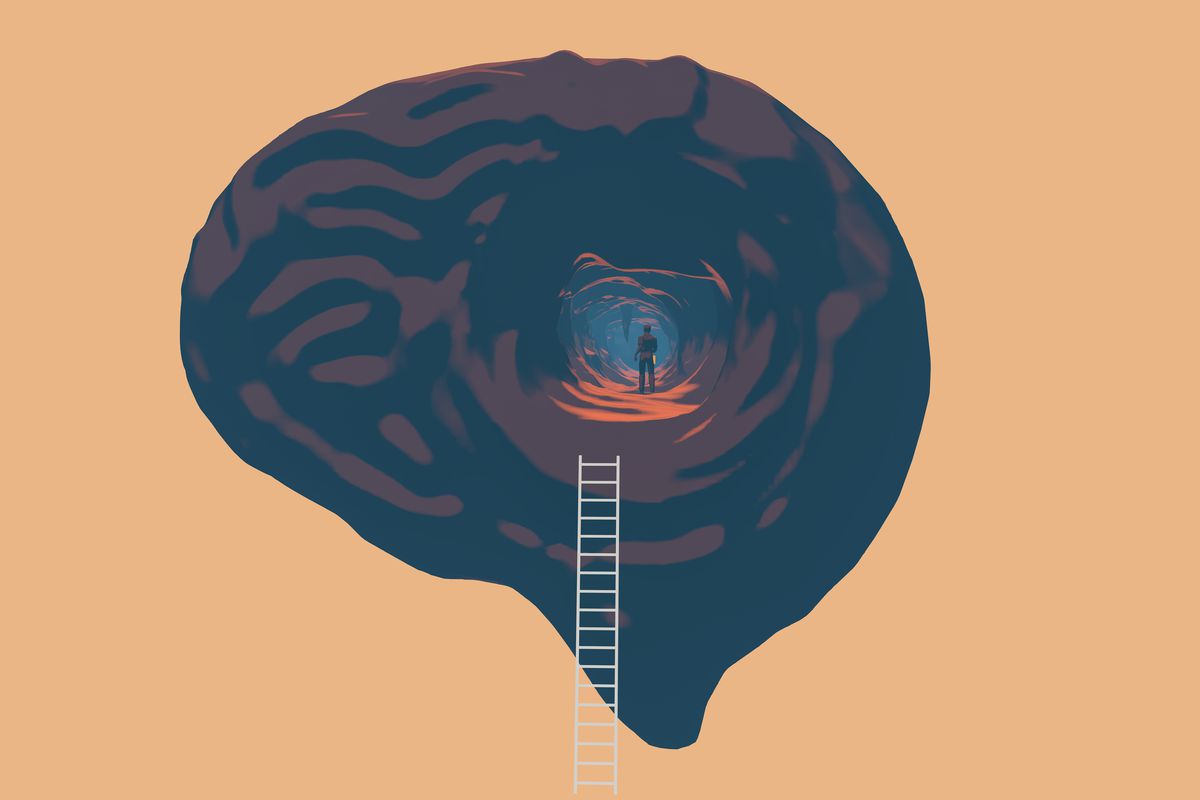 Illustration of a ladder leading into the middle of a burgundy brain against a pale orange backdrop, with a person exploring inside a tunnel leading deeper into the brain.