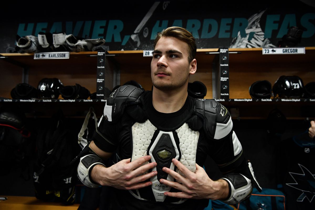 Timo Meier #28 of the San Jose Sharks prepares to take the ice for warmups in the locker room against the New Jersey Devils at SAP Center on February 27, 2020 in San Jose, California.