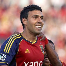 RSL's Javier Morales smiles after scoring in an MLS game between Real Salt Lake and San Jose at Rio Tinto Stadium in Sandy on Saturday, June 1, 2013. RSL beat the Earthquakes 3-0.