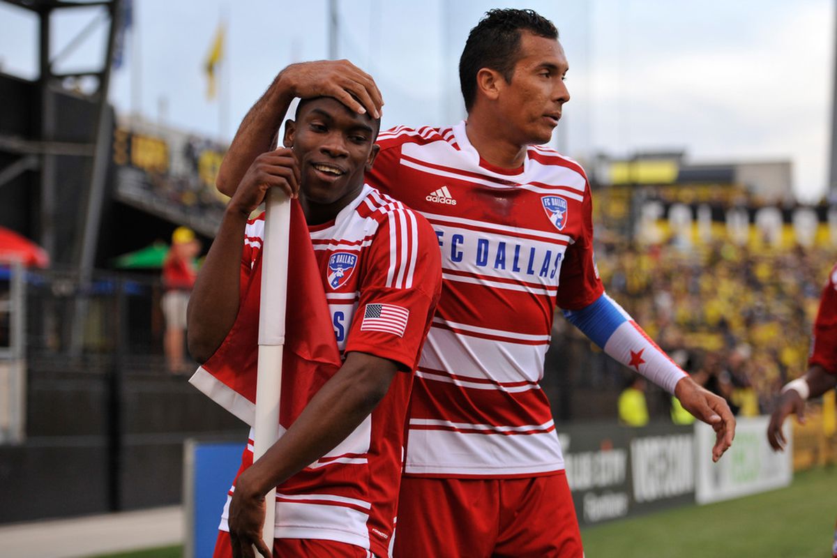 COLUMBUS, OH - MAY 12:  Fabian Castillo #7 of FC Dallas, left, celebrates his first half goal against the Columbus Crew with teammate Blas Perez #9 of FC Dallas on May 12, 2012 at Crew Stadium in Columbus, Ohio.   (Photo by Jamie Sabau/Getty Images)