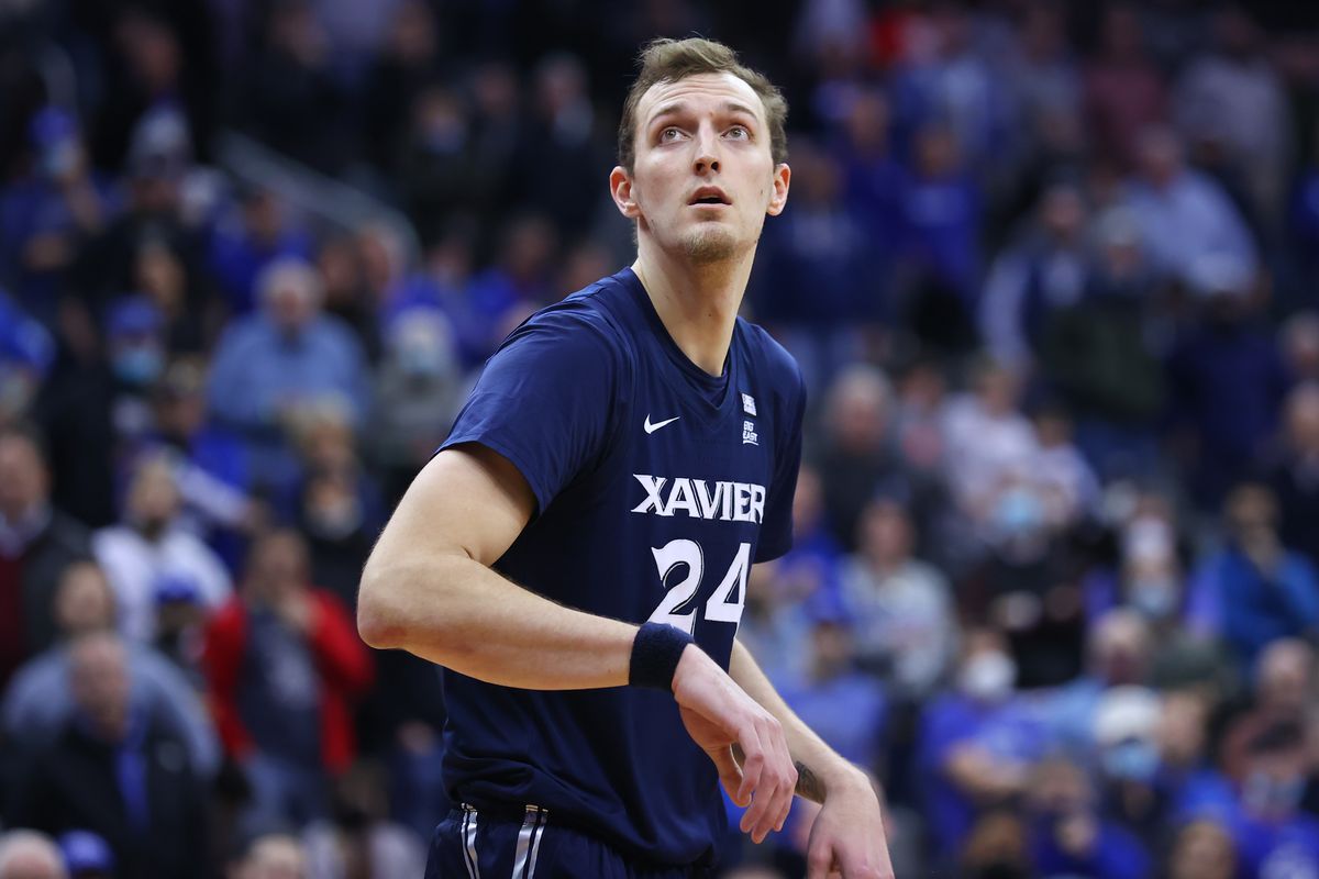 Xavier Musketeers forward Jack Nunge during the college basketball game between the Seton Hall Pirates and the Xavier Musketeers on February 9, 2022 at the Prudential Center inNewark, New Jersey.