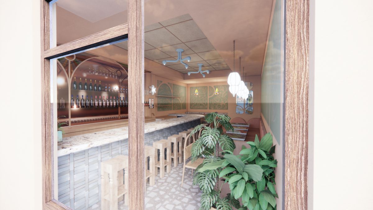 A storefront view of a wine bar with the marble top bar to the left and a row of tables to the right with plants throughout the room.