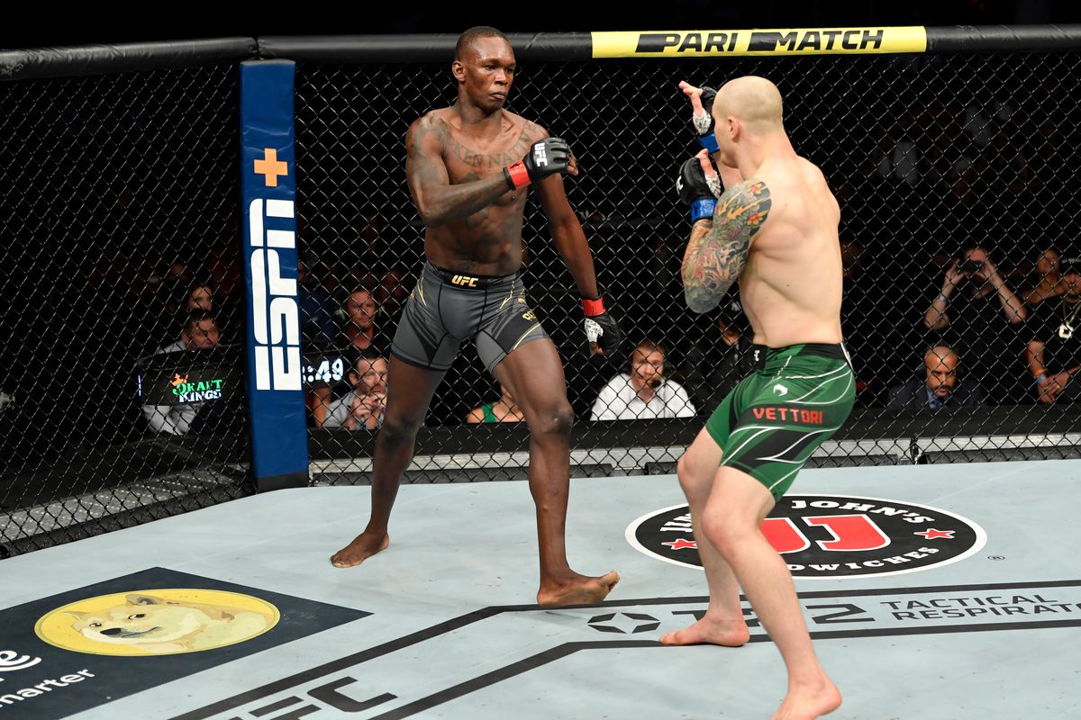 Israel Adesanya faces Marvin Vettori in their middleweight championship bout during the UFC 263 event at the Gila River Arena on June 12, 2021 in Glendale, Arizona.