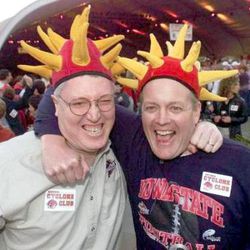 Iowa State fans Roger Youngblut, left, of Davenport, Iowa, and friend Jerry Reith of Polk City, Iowa, have some fun for the camera during a Cyclone Spirit Rally at the Phoenix Civic Plaza, Wednesday, Dec. 27, 2000, in Phoenix. Iowa State will face Pittsburgh in the Insight.com Bowl on Thursday in Phoenix.