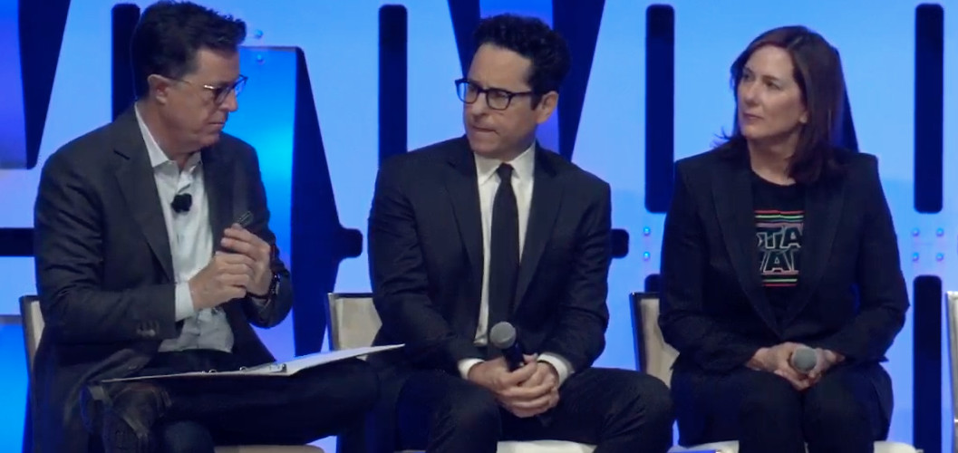 Steven Colbert (from left) interviews J.J. Abrams and Kathleen Kennedy Friday at the “Episode IX” panel at Star Wars Celebration 2019 at McCormick Place. | Star Wars/YouTube