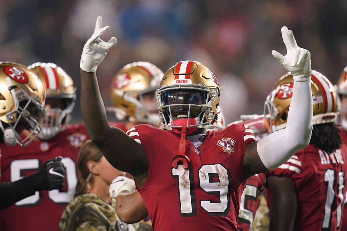 San Francisco 49ers wide receiver Deebo Samuel (19) interacts with fans during a timeout against the Los Angeles Rams in the fourth quarter at Levi’s Stadium. Mandatory Credit: Cary Edmondson