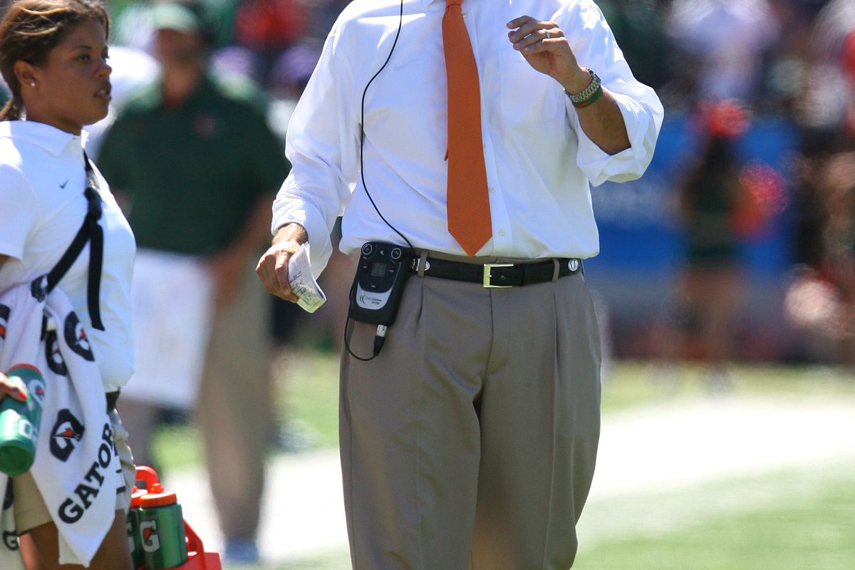 Sep 8, 2012; Manhattan, KS, USA; Miami Hurricanes head coach Al Golden looks at the scoreboard during a timeout in a 52-13 loss to the Kansas State Wildcats at Bill Snyder Family Stadium. Mandatory Credit: Scott Sewell-US PRESSWIRE