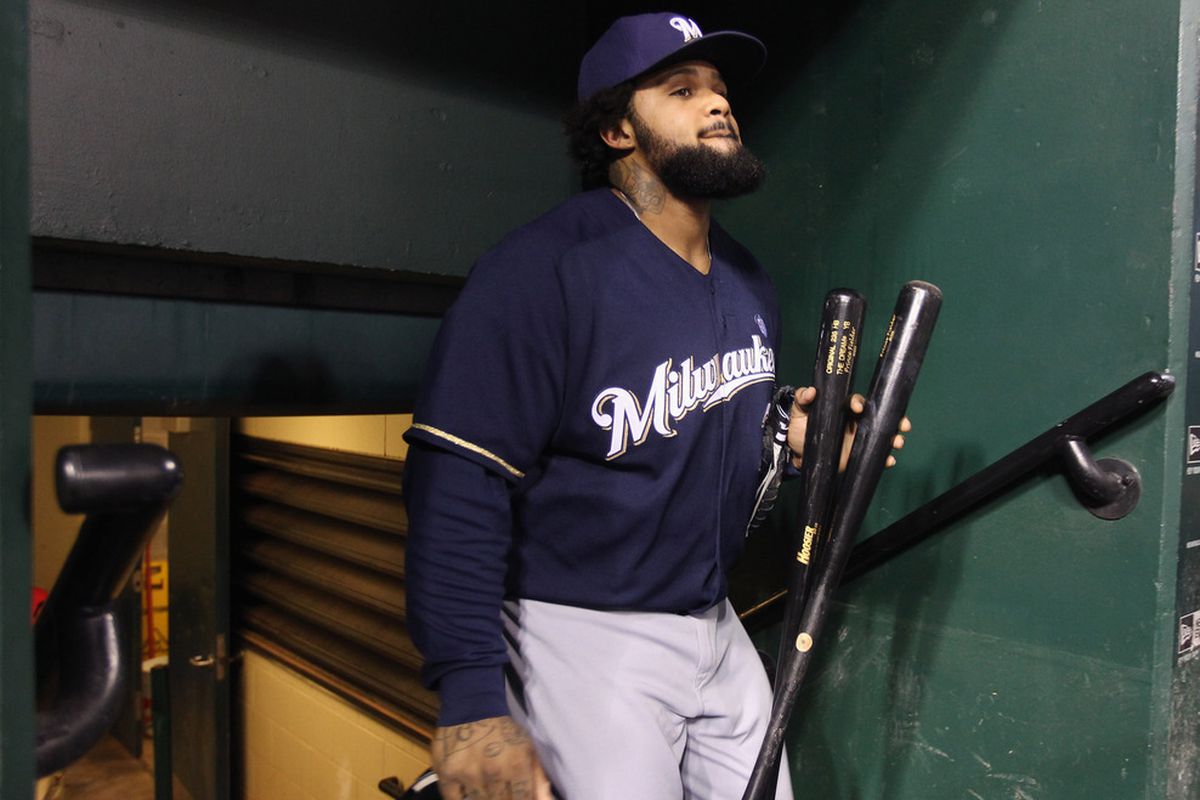 ST LOUIS, MO:  Prince Fielder #28 of the Milwaukee Brewers walks up from the clubhouse to the dugout to play against the St. Louis Cardinals during Game 4 of the National League Championship Series.  (Photo by Christian Petersen/Getty Images)